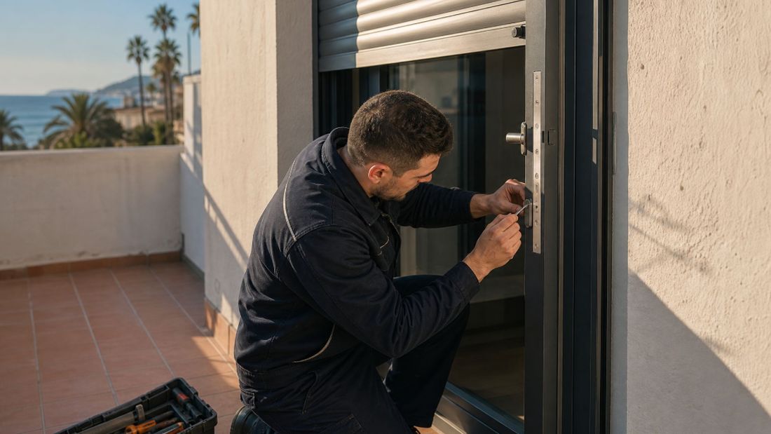 Cerrajero instalando una cerradura en una puerta de aluminio en Cunit