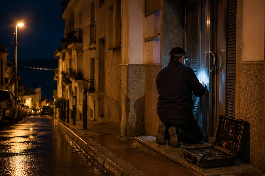 Cerrajero trabajando de noche en el portal de un edificio de la costa del Baix Penedès